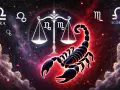 Skorpion i Waga: zodiakalny skorpion na tle kosmosu z wagą, symbolizującą ich związek.