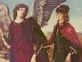 Św. Rafał Archanioł prowadzi młodzieńca. Obraz nawiązuje do litanii do św. Rafała Archanioła, patrona podróżnych i uzdrowicieli.