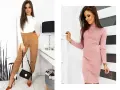 Kobieta prezentuje stylizacje podkreślające figurę klepsydra: eleganckie spodnie i dopasowana sukienka.