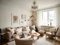 Sala de estar con sofá beige, sillón de borrego, mesas de madera y decoración en tonos neutros.