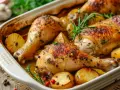 Muslos de pollo asados con patatas y romero. Una deliciosa receta para disfrutar en familia.