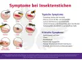 Illustrationen zeigen verschiedene Insektenstiche und ihre Symptome, wie Schwellung und Rötung. Eine wundrose nach insektenstich kann verschiedene Ursachen haben.