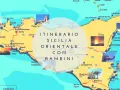 Mappa della Sicilia orientale con itinerario per bambini, che include Catania, Etna, Taormina e Siracusa.