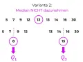 Boxplot erklärung: Datenreihe 5, 7, 9, 12, 13, 13, 14, 16, 30. Median 13 wird nicht einbezogen. Q1 ist 8, Q3 ist 15.