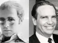 Links: junger Elton John mit Herzbrille. Rechts: Reginald Dwight, Elton Johns echter Name, in Anzug.