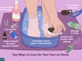 Illustration shows a home pedicure: feet soaking in a blue basin with flowers, nail clippers, polish remover, pumice stone, and lotion.