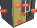 Detaljerad vy av en väggkonstruktion med yttre isolerskikt, trästomme och fasadskivor.