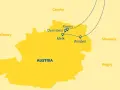 Mapa Austrii z zaznaczonymi miastami: Wiedeń, Melk, Durnstein, Krems. Planujesz podróż? Sprawdź, co zobaczyć w Dolinie Wachau!
