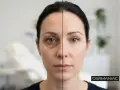 Comparativa antes y después de un relleno de ojeras. La imagen muestra el lado izquierdo con ojeras marcadas y el derecho con la piel visiblemente más lisa y luminosa.