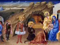 Scena epifanii: Trzej królowie oddają hołd Dzieciątku Jezus. W tle krajobraz z górami i stadami.