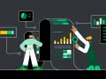Dos personas analizan gráficos y datos en una gran ficha técnica, una con lupa, la otra pensativa.