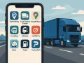 Aplikacja na telefonie z ikonami ułatwiającymi podróżowanie samochodem ciężarowym na użytek własny. W tle jedzie niebieska ciężarówka.