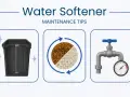 Water softener maintenance tips: salt tank, clean tank, resin beads, valve with gauge, and control panel.