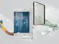 Hands in gloves spray and wipe a shower, demonstrating how to clean shower glass for a sparkling finish.