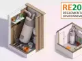 Le chauffe-eau thermodynamique, un avantage RE2020, est installé dans une pièce propre et fonctionnelle, contrastant avec un espace de rangement encombré.