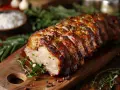 Un rôti de porc savoureux, tranché et garni d'herbes, prêt à être dégusté. Le temps de cuisson d'un rôti de porc est crucial pour sa tendreté.