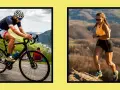 A cyclist's powerful legs power up a mountain road, contrasting with a runner's strong legs on a rocky trail.