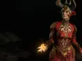 Hechicera con cuernos y armadura roja, lanzando fuego. Un libro antiguo flota cerca. build hechicero diablo 4.