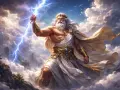 Zeus bóg gromowładny, z błyskawicą w dłoni, w chmurach nad górami.