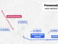 Mapa przedstawia etapy realizacji i plany Promenady Krzyckiej, z zaznaczonymi odcinkami planowanymi, w trakcie realizacji i zrealizowanymi.
