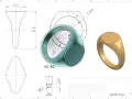 Projekt pierścionka sygnetu, ukazujący jego wzornictwo przemysłowe. Widoczne są rysunki techniczne i wizualizacje 3D.