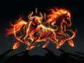 Ognisty wół i koń, symbole chińskiego zodiaku. Wół z 1997 roku, roku wołu, w płomieniach.