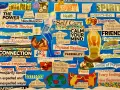 Vision board with "Mind," "Body," and "Spirit" sections, featuring keywords like "Mindfulness," "Self-Care," "Inspiration," and "Personal Empowerment," reflecting board member titles for a wellness organization.