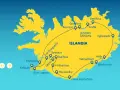 Mapa Islandii z trasą turystyczną "Złoty Krąg" i innymi atrakcjami, w tym wodospadami i gejzerami.