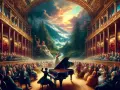 Wielka sala koncertowa, gdzie romantycy lekkich obyczajów podziwiają występ pianistki na tle malowniczego krajobrazu górskiego.