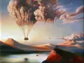 Un ballon en forme de cœur s'élève au-dessus d'un paysage onirique, évoquant le symbolisme du voyage et de l'amour. Deux silhouettes contemplent la scène.