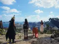 Cloud, Tifa, Aerith y Red XIII contemplan un paisaje costero. Un vistazo a la aventura de FF7 Rebirth.