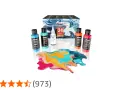 Kit de peinture acrylique "pouring medium c'est quoi" : 5 flacons de couleurs vives et une fiole de silicone, avec une œuvre d'art fluide créée.