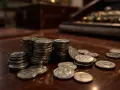 Piles de pièces en argent sur une table en bois. La valeur pièce 100 francs argent est visible sur certaines.