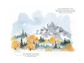 Peinture d'un paysage de montagne avec des arbres aux couleurs d'automne. Le dessin utilise des tons bleus et sépia pour créer de la profondeur.