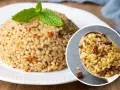 Kasza bulgur na talerzu, ozdobiona miętą. W zbliżeniu łyżka pełna kaszy z dodatkami. Odkryj jej zdrowe właściwości!