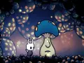 El Caballero se encuentra con el señor seta en un bosque bioluminiscente de Hollow Knight.