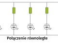 Schemat połączenia równoległego pięciu diod LED, z których każda ma swój rezystor ograniczający prąd.