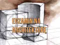 Szkice brył geometrycznych i tekst "EGZAMIN NA ARCHITEKTURĘ" – klucz do studiów i matury z architektury wnętrz.