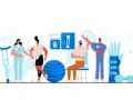 Menschen in einer Physiotherapie-Umgebung: Eine Patientin mit Krücken, ein Mann mit Armübung und ein Physiotherapeut, der hilft.