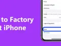 Ekran iPhone z zaznaczoną opcją "Reset" na fioletowym tle z tekstem.