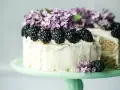 Biały tort z jeżynami i bzem, idealny przykład najmodniejszych smaków tortów.