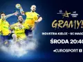 Trzech zawodników w żółtych koszulkach z logo Industria, gotowych do akcji w lidze europy piłka ręczna. Mecz Industria Kielce - SC Magdeburg w środę o 20:40 na Eurosport 1.