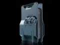 Futurystyczna konsola, przypominająca projekt playstation 6, z wbudowanym kontrolerem i futurystycznym designem.