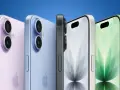 Fyra iPhones i olika färger, inklusive en lila och en ljusblå modell med dubbla kameror, samt en grå och en grön modell med Dynamic Island. Kanske en framtida iPhone SE4?