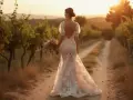Mariée dans une robe de dentelle, bouquet à la main, marchant dans un vignoble au coucher du soleil. La longueur des brides de la robe souligne sa silhouette.
