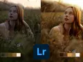 Jeune femme rousse dans l'herbe, avant et après retouche ia lightroom. Palette de couleurs chaudes et douces.