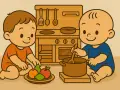 Dos bebés disfrutan de juegos de representación en una cocina de juguete, uno con frutas y otro revolviendo una olla.