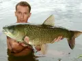 Mężczyzna trzyma w wodzie dużą rybę. To morwa, na jakie ryby można liczyć w tym łowisku?