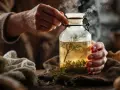 Préparation d'une bouillotte maison avec des herbes infusées dans un bocal en verre fumant.