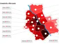 Mapa Warszawy z zaznaczonymi dzielnicami i średnimi cenami wynajmu kawalerki. Ceny mieszkań Warszawa różnią się w zależności od lokalizacji.